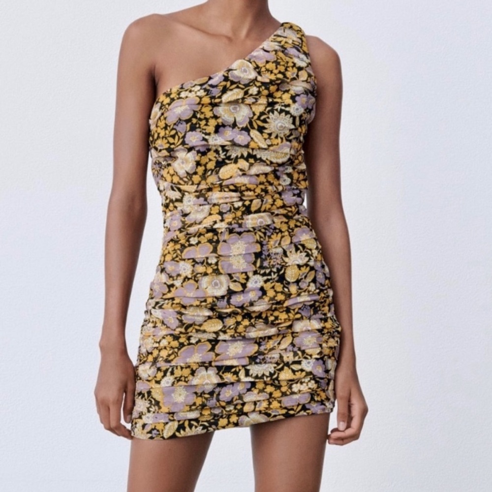 Zara Womens Black Floral Ruched One Shoulder BodyCon Mini Cocktail Dress XS